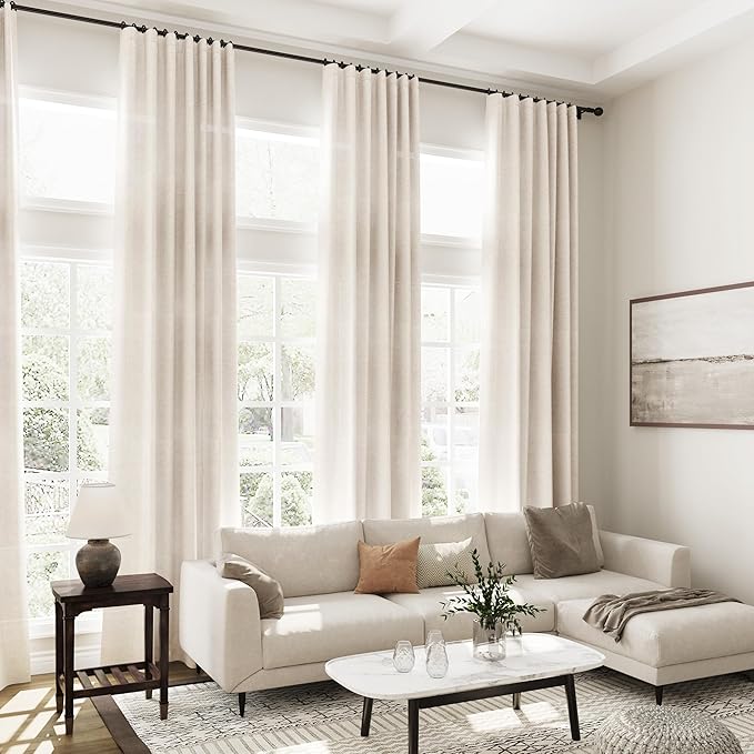 Nanspring Beige Extra Long Curtain 130 inches Long 2 Panels Set for Living Room Back Tab Modern Farmhouse Coastal Decor Cotton Textured Beige Sheer Linen Curtains for High Window 52x130