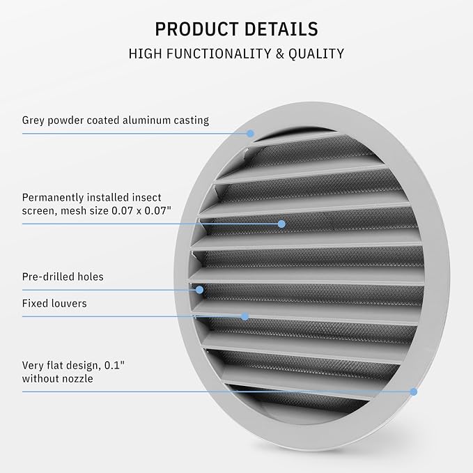 calimaero® WSGG 8" Inch Gray Round Metal Air Vent Grill Cover Flat Louver - Image 4