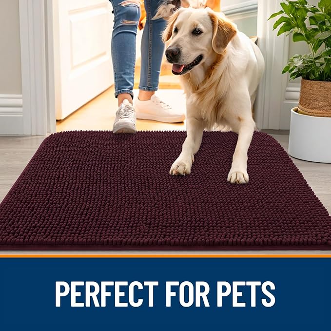 OLANLY Dog Door Mat for Muddy Paws 70x32, Absorbs Moisture and Dirt, Absorbent Non-Slip Washable Doormat, Quick Dry Chenille Mud Mat for Dogs, Entry Indoor Entryway Carpet for Inside Floor, Russet