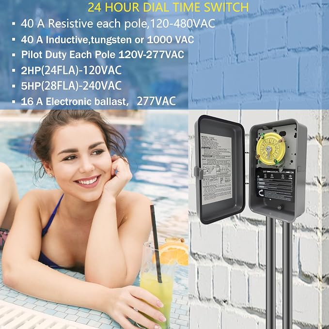 T104R Mechanical Timer Switch, 208–277 VAC 40 Amp, Pool Pump Switch, 24 Hour 12 - Image 4