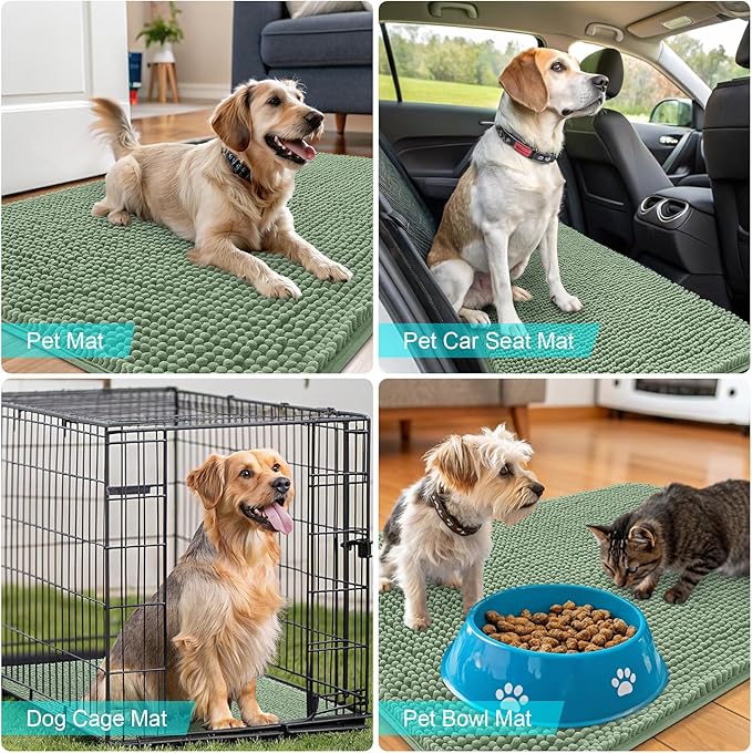 OLANLY Dog Door Mat for Muddy Paws 44x24, Absorbs Moisture and Dirt, Absorbent Non-Slip Washable Doormat, Quick Dry Chenille Mud Mat, Entry Indoor Entryway Carpet for Inside Floor, Olive Green