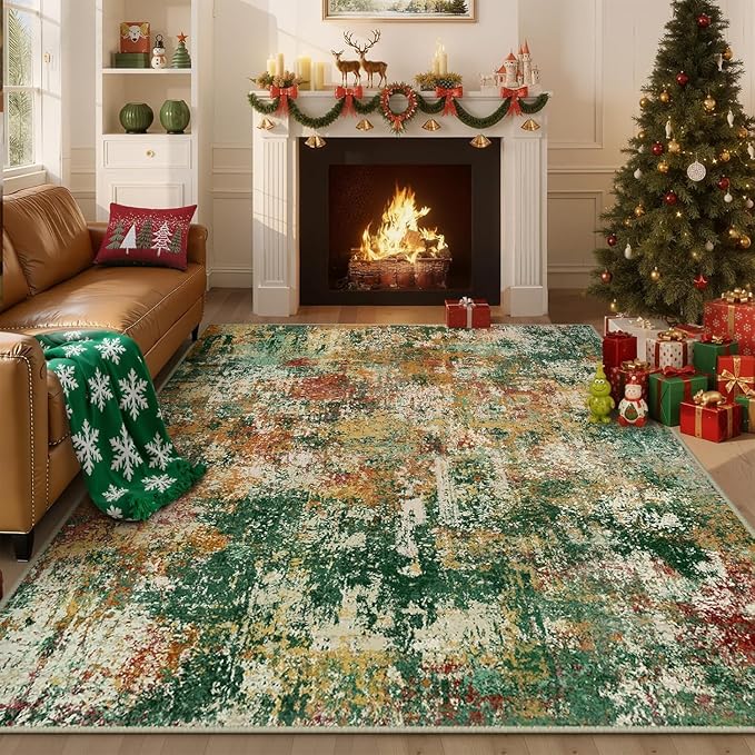 Washable Area Rugs 9'x12' Non-Slip Modern Abstract Soft for Living Room Entryway Bedroom Nursery, Print Pattern, Green Orange Rust Red Cream Colorful