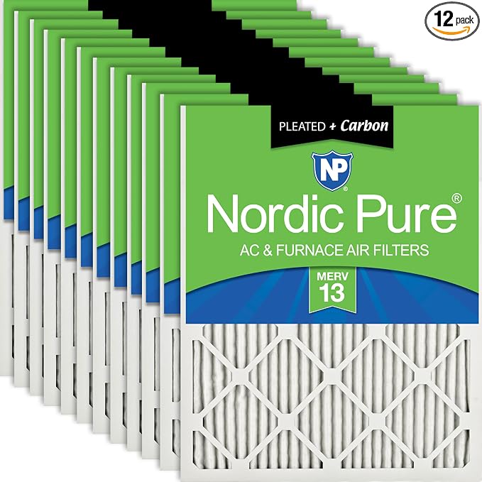 Nordic Pure 20x25x1 Pleated Pleated MERV 13 Plus Carbon Air Filters 12 Pack | by NordicPure