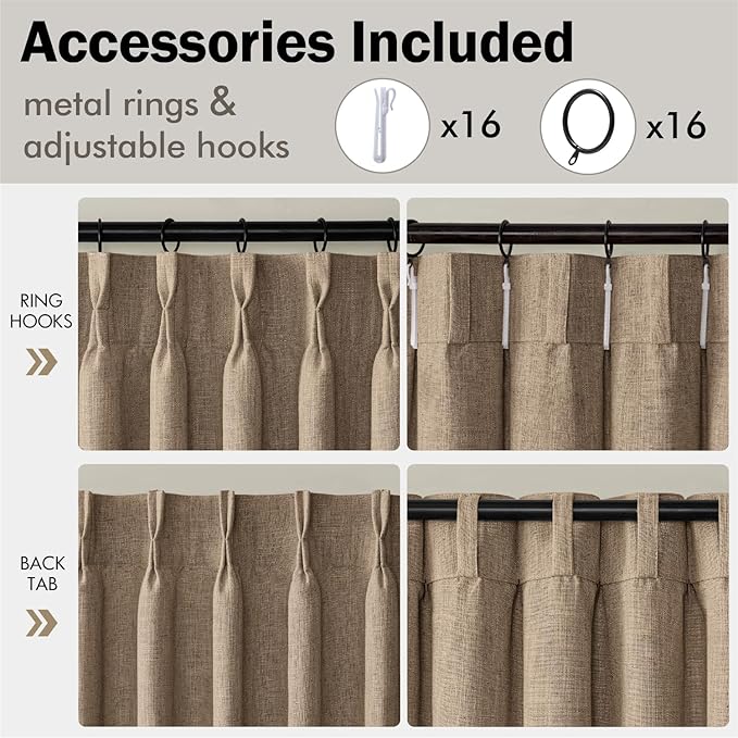 MIULEE Pinch Pleated Thick Linen Curtains 90 Inches Long 2 Panels for Living Room Bedroom, Linen Texture Memory Trained Brown Drapes Pleat Back Tab Light Filtering Country Farmhouse Burlap Curtains