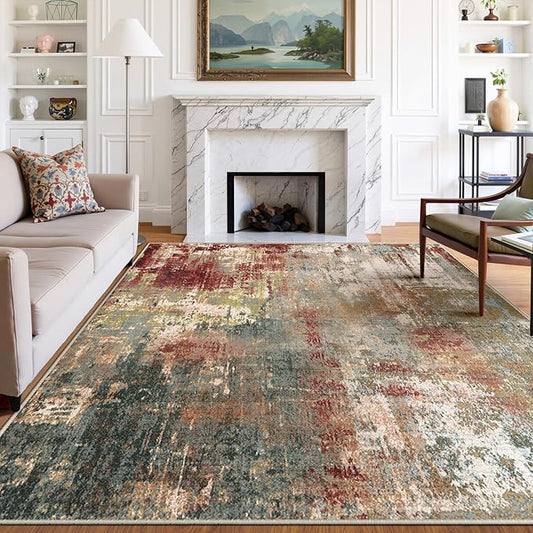 Washable Area Rugs 9'x12' Non-Slip Modern Abstract Soft for Living Room Entryway Bedroom Nursery, Print Pattern, Brown Rust Red Green Blue Multi