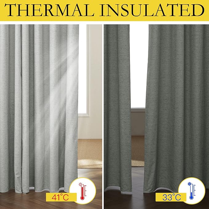 NICETOWN Grey Long Linen Full Shade Panels, 62" Wide x 108" Long, Pair of Thermal Insulated & Energy Efficiency Blackout Curtains for Living Room Windows, Lined Silky Performance Window Dressing