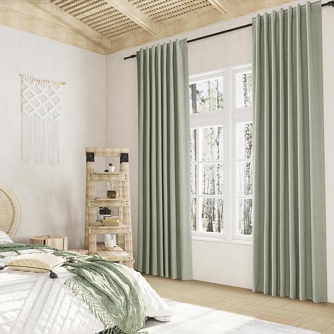 Sage Green 100% Blackout Linen Curtains 90 Inch Length 2 Panels Set for Living Room Bedroom Back Tab Thermal Insulated Black Out Drapes Room Darkening Window Curtains 90 Inches Long