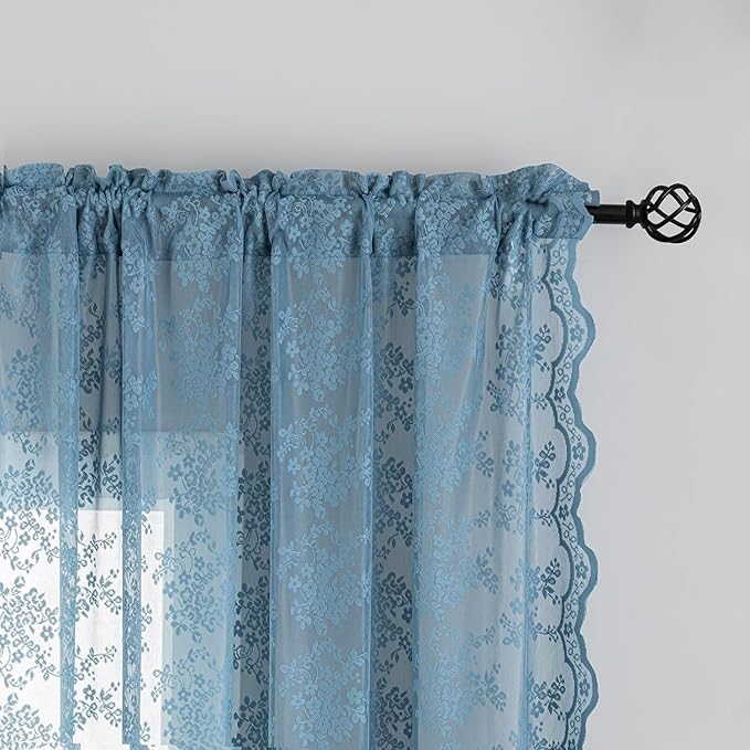 YJ YANJUN Vintage Lace Curtains 54 Inch Length for Bathroom - Slate Blue Floral Kitchen Short Sheer Window Panels with Scalloped Edge Boho Coatal Small Window Treatments Rod Pocket W52 X L54 Denim