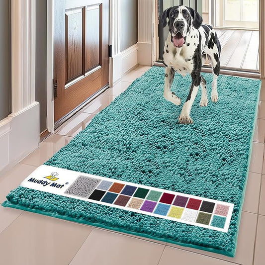 Muddy Mat® | Super Absorbent Door Mat Indoor, Microfiber Quick Dry Chenille Entryway Rug, Non-Slip Front Door Mat, Indoor Mats for Entryway, Machine Washable Pet Rug, Teal 24" x 120"