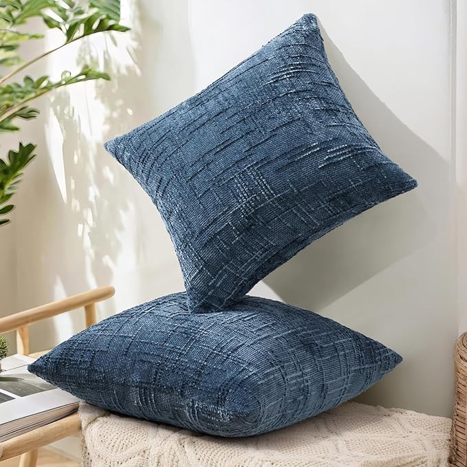 decorUhome Navy Blue Chenille Throw Pillow Covers 18x18 Set of 2 Textured Soft Cozy Slubby Couch Pillow Covers Modern Farmhouse Boho Decorative Pillow Cases for Bed Sofa Living Room