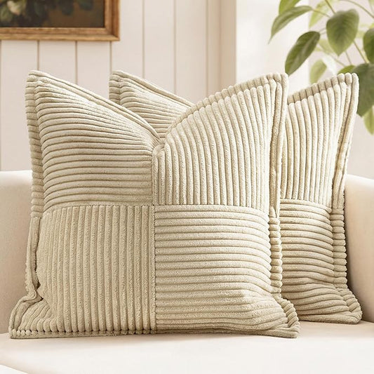 MIULEE Decorative Throw Pillow Covers for Couch Bed Livingroom 16x16 Inch Set of 2 Cream Boho Accent Throw Pllows Broadside Striped Patchwork Soft Corduroy Pillowcases