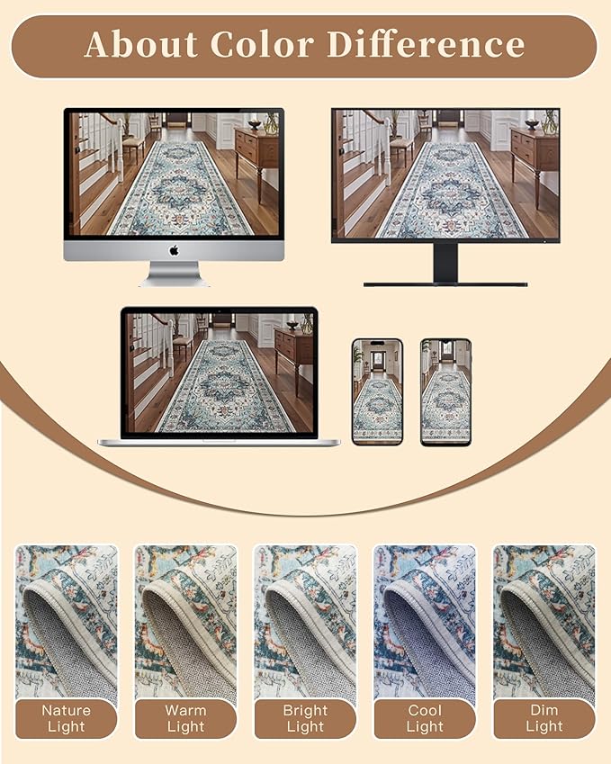 Madane Hallway Runner Rug 3x16 - Vintage Non Slip Washable 16ft Kitchen Runner for Entrance Soft Long Carpet Runners for Living Room Bathroom Low Pile Floor Mat for Bedroom Dining Room, Blue