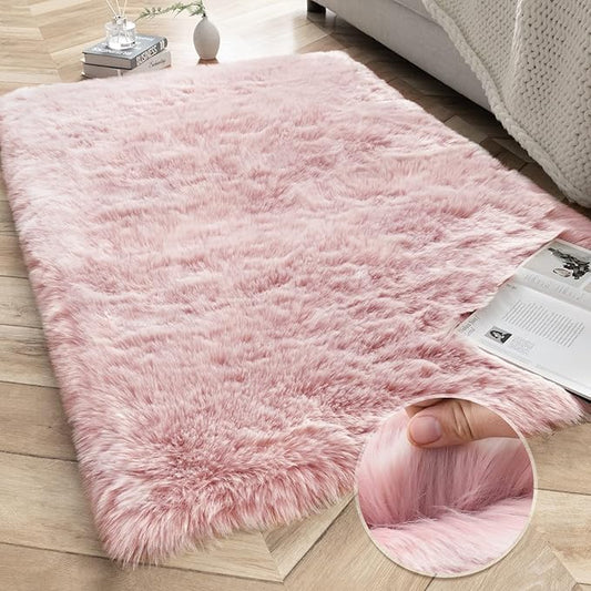 Ashler HOME DECO Soft Fox Faux Fur Chair Couch Cover Area Rug for Bedroom Floor Sofa Living Room Pink White Rectangle 3 x 5 Feet