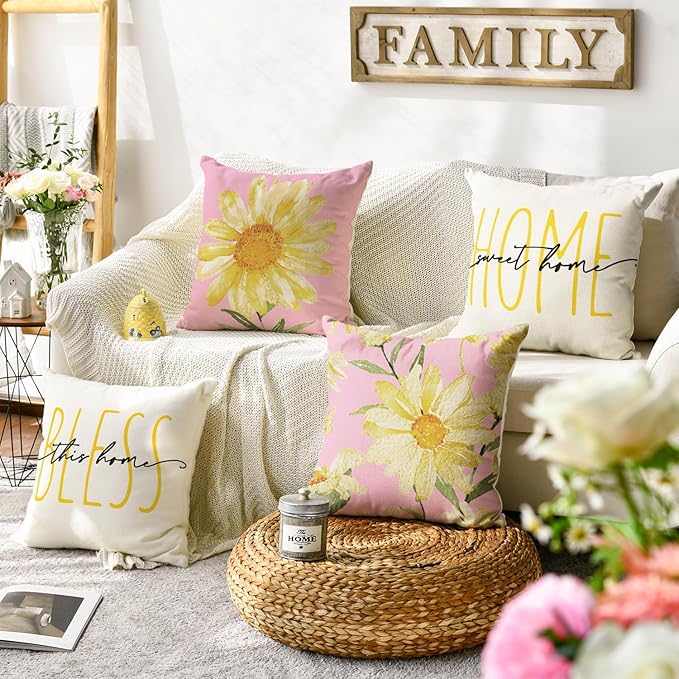 AVOIN colorlife Home Sweet Home Spring Summer Flowers Pink Throw Pillow Covers, 16 x 16 Inch White Cushion Case for Sofa Couch Set of 4