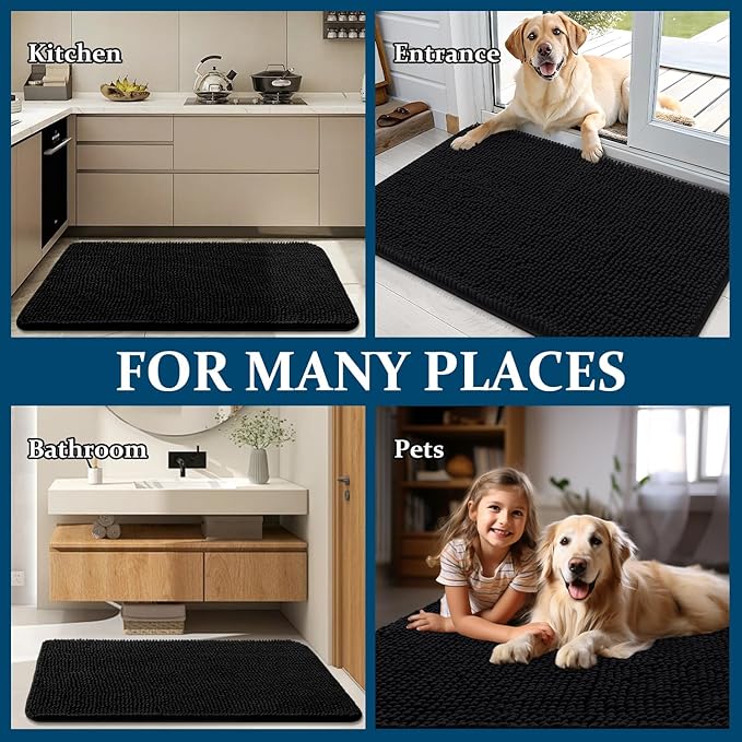 OLANLY Dog Door Mat for Muddy Paws 59x35, Absorbs Moisture and Dirt, Absorbent Non-Slip Washable Doormat, Quick Dry Chenille Mud Mat for Dogs, Entry Indoor Entryway Carpet for Inside Floor, Black