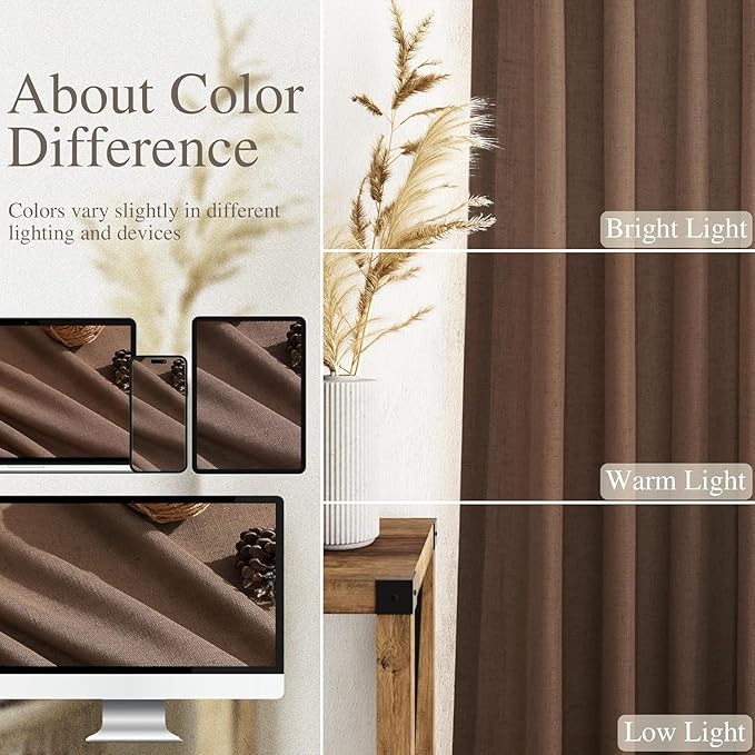 Caramel Brown Linen Curtains for Living Room 98 Inches Long Back Tab and Rod Pocket Light Filtering Semi Sheer Vintage Rustic Curtain Luxury Boho Decor Drapes for Bedroom Office 52x98, 2 Panels