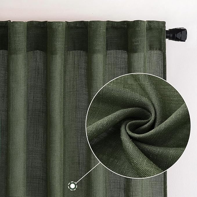 MIULEE Olive Green Linen Curtains 72 Inch Length 2 Panels for Bedroom Living Room, Soft Thick Linen Textured Window Drapes Semi Sheer Light Filtering Back Tab Rod Pocket Burlap Look Decor, W37xL72