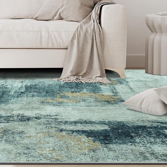 4x6 Area Rugs for Living Room Rug Washable: Abstract Rug for Dining Room Bedroom Carpet Non Slip 4 by 6 Indoor Modern Nursery Home Office Teal Grey Gold