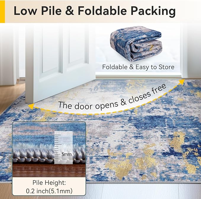 Washable Area Rugs Square 8ft Non-Slip Modern Abstract Soft for Living Room Entryway Bedroom Nursery, Print Pattern, Grey Blue Gold/Golden