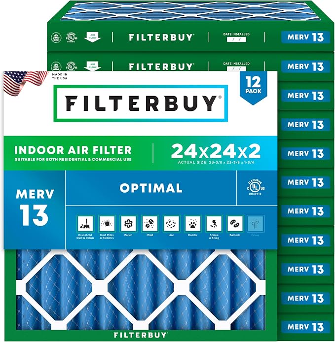 Filterbuy 24x24x2 Air Filter MERV 13 Optimal Smoke & Allergy Defense, by Filterbuy