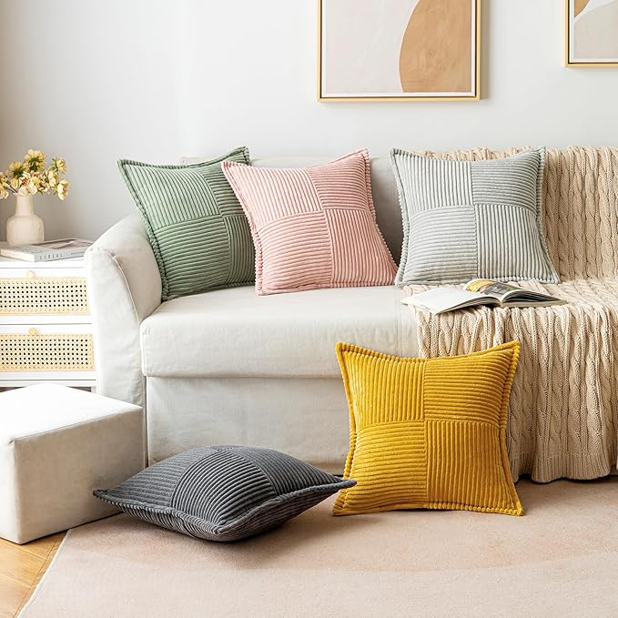 MIULEE Decorative Lumbar Throw Pillow Covers for Couch Bed Livingroom 12x20 Inch Set of 2 Light Olive Green Boho Accent Throw Pllows Broadside Striped Patchwork Soft Corduroy Summer Pillowcases