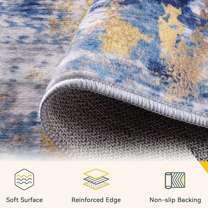 Washable Area Rugs 5'x8' Non-Slip Modern Abstract Soft for Living Room Entryway Bedroom Nursery, Print Pattern, Grey Blue Gold/Golden