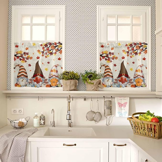 Fall Kitchen Curtain Set, Thanksgiving Gnomes Maple Leaf Pumpkin Beige Window - Image 4