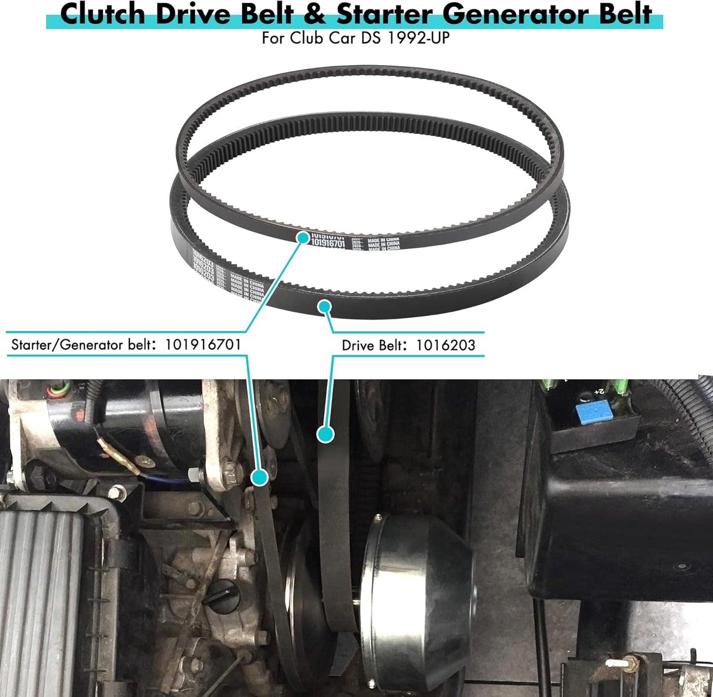10L0L Golf Cart DS Tune Up Kit W/Clutch Drive Belt &Generator Belt fit 1992-2004 Club Car DS Gas Models with FE290,FE350 Kawasaki Motor, Incl. Air & Oil Fuel Filters Spark Plug,OEM 1025582, 101916701