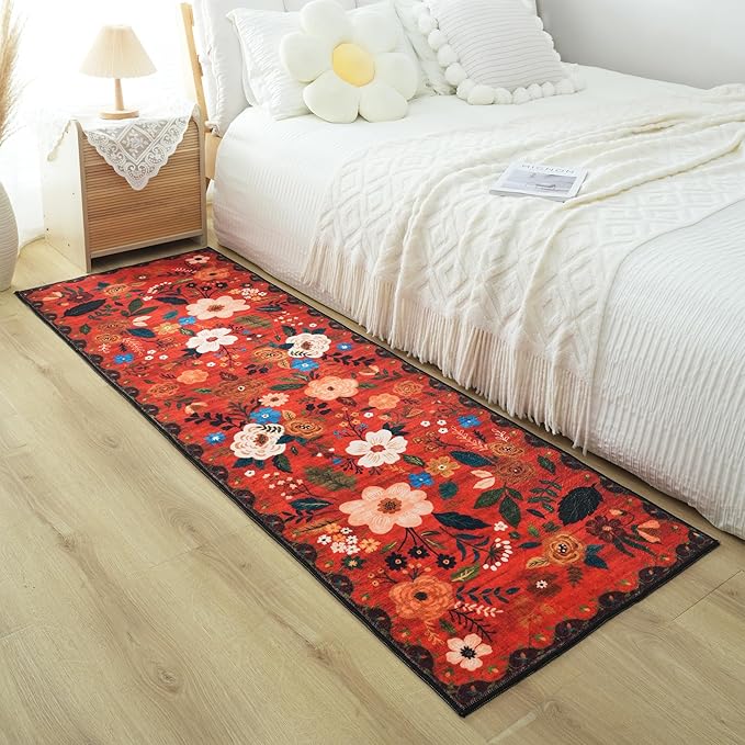 Rugcomf Runner Rug for Hallways Kitchen Rug Non Slip 2'6''x8' Washable Runner Rugs with Rubber Backing Soft Floral Carpet Runner for Hallways, Kitchen, Laundry, Bedroom, Bathroom(Red)