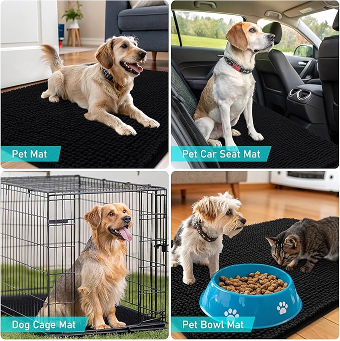 OLANLY Dog Door Mat for Muddy Paws 47x17, Absorbs Moisture and Dirt, Absorbent Non-Slip Washable Doormat, Quick Dry Chenille Mud Mat for Dogs, Entry Indoor Entryway Carpet for Inside Floor, Black