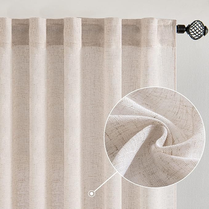 MIULEE Natural White Linen Curtains 120 Inches Long for Bedroom Living Room, Soft Thick Linen Textured Window Drapes Semi Sheer Light Filtering Rod Pocket Back Tab Cream Ivory Look, 2 Panels 10 Ft