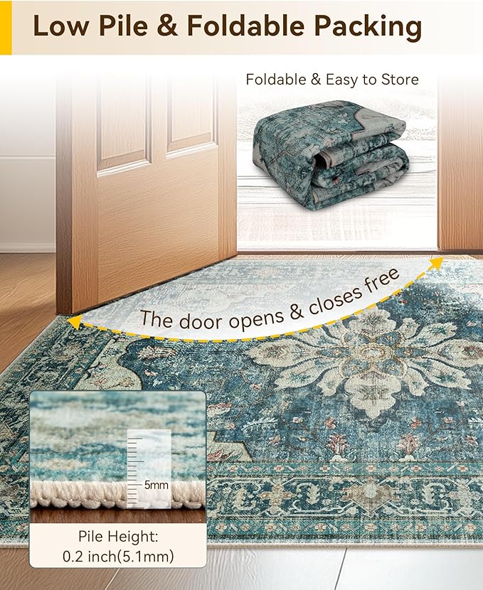 RELEANY Area Rugs 2'x7' Runner Rug Non Slip Washable for Kitchen Hallway Bedroom Beside Laundry Room Bathroom Rug, Floor Carpet, Dark Blue Vintage