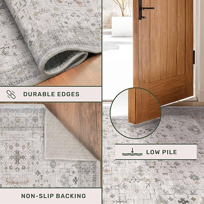 Hazo Haus Boho 3x16 Wide Hallway Runner - Light Gray and Taupe, Washable Low Pile Non Slip Stain Resistant 16ft Runner Rug for Long Kitchen, Hall Way, Floral Decor