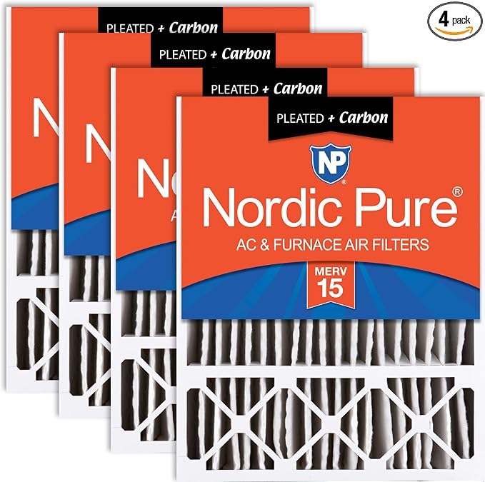 Nordic Pure 20x25x5 Pleated MERV 15 Plus Carbon Air Filters 4 Pack | Actual by NordicPure