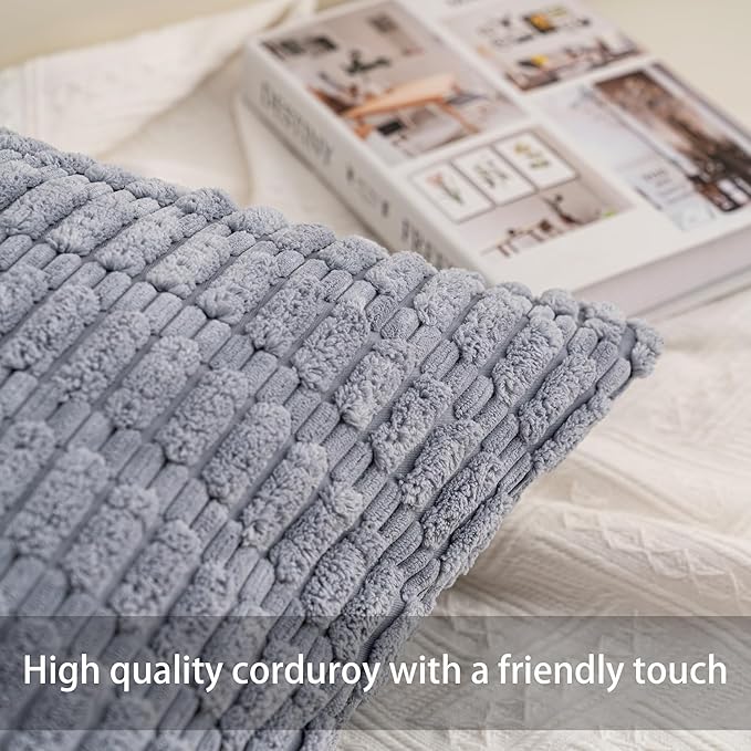 Pack of 2 Corduroy Decorative Throw Pillow Covers 18x18 InchSoft Boho Striped Pillow Covers Modern Farmhouse Home Decor for Sofa Living Room Couch Bed(Light Grey)