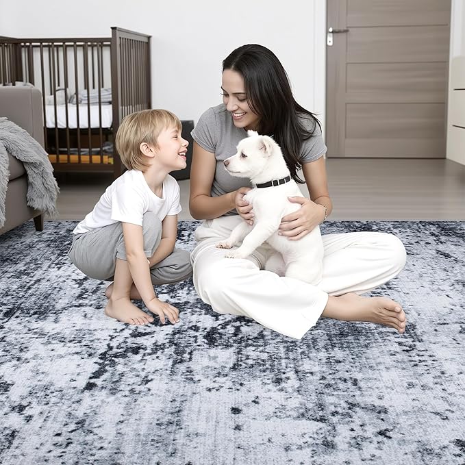 9x12 Area Rug Living Room Rug: Washable Modern Abstract Soft Thin Rug Indoor Floor No Slip Stain Resistant Carpet for Bedroom Dining Room Farmhouse Nursery Home Office - Black