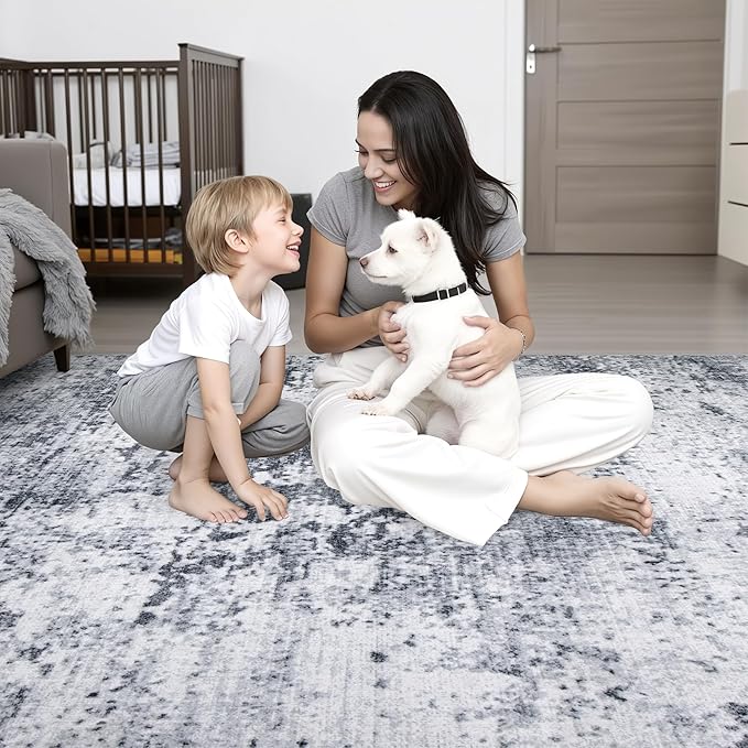 10x14 Area Rug Living Room Rug: Washable Modern Abstract Soft Thin Rug Indoor Floor No Slip Stain Resistant Carpet for Bedroom Dining Room Farmhouse Nursery Home Office - Grey