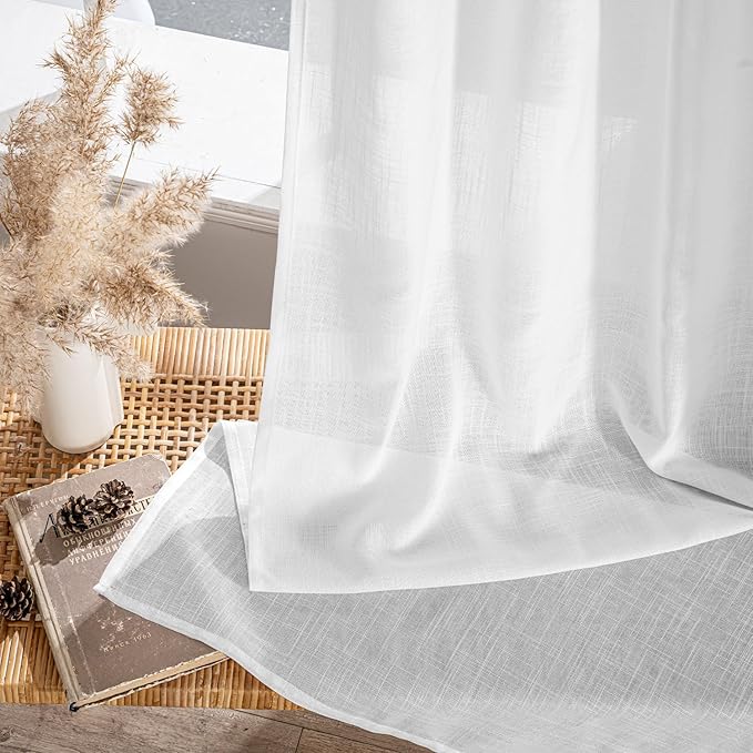 MIULEE White Linen Curtains 86 Inch Long 2 Panels for Bedroom Living Room, Soft Thick Linen Textured Back Tab Window Drapes Semi Sheer Light Filtering Rod Pocket Modern Farmhouse Decor