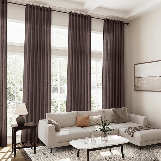 Coffee Linen Curtains 102 Inches Long for Living Room 2 Panel Set Back Tab Rod Pocket Semi Sheer Curtains Light Filtering Burlap Extra Long Drapes Neutral Farmhouse Decor for High Window 52x102