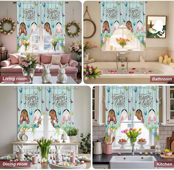 Swag Curtain Valances for Kitchen Windows, Happy Easter Bunny Butt Egg Floral - Image 8