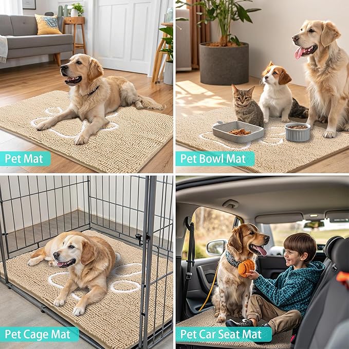Smiry Dog Door Mat for Muddy Paws, Absorbent Dirt Trapper Non Slip Quick Dry Washable Chenille Mat for Mud Dogs, Entry Rug for Indoor and Outdoor (44x32 Inches, Beige and White)