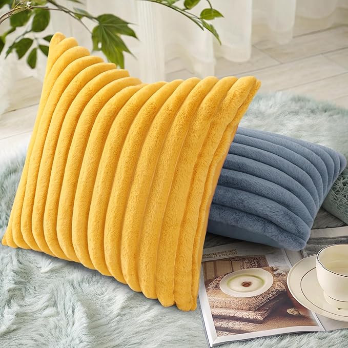 decorUhome Summer Cozy Faux Fur Throw Pillow Covers 22x22 Set of 2 Decorative Plush Striped Modern Farmhouse Boho Couch Euro Sham Pillow Cases with Velvet Back for Sofa Bed Living Room, Mustard Yellow