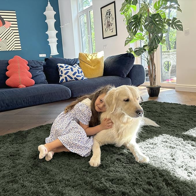 OLANLY 2x4 Machine Washable Runner Rugs for Hallway, Soft Fluffy Shaggy Bedside Rugs for Bedroom, Living Room, Indoor Floor Carpet for Kids Girls and Boys, Home Decor Aesthetic, Olive Green