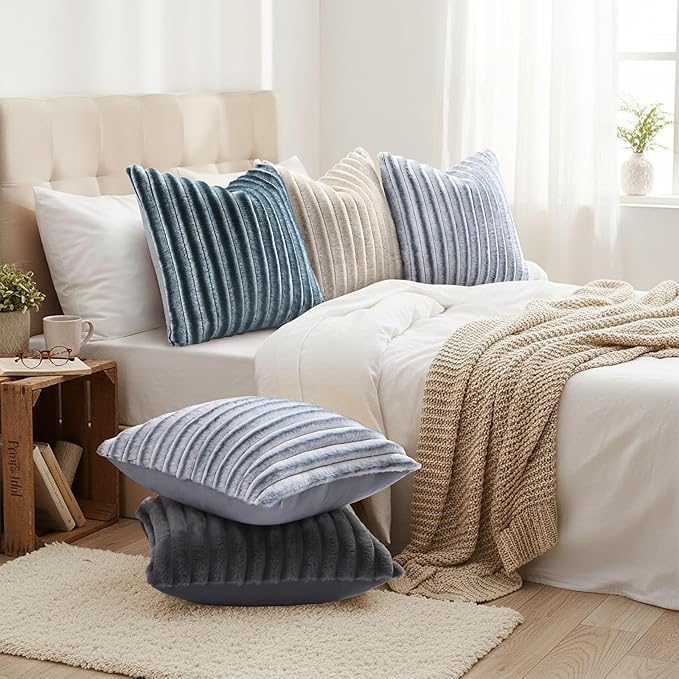 decorUhome Cozy Faux Fur Throw Pillow Covers 16x16 Set of 2 Decorative Soft Plush Striped Modern Farmhouse Boho Couch Pillow Cases with Velvet Back for Sofa Bed Living Room, Dark Grey