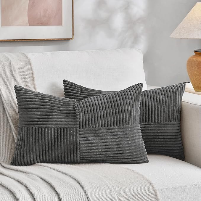 Fancy Homi 2 Packs Dark Gray Lumbar Decorative Throw Pillow Covers 16x26 Inch for Livingroom Couch, Rustic Farmhouse Boho Home Decor, Soft Striped Corduroy Rectangle Accent Peach Cushion Case 65x40 cm