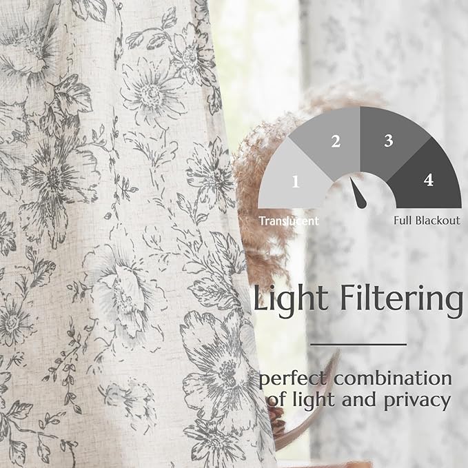 jinchan Linen Blend Curtain Floral Curtains for Living Room 96 Inch Length Grey Printed Curtain Rod Pocket Back Tab Farmhouse Peony Flower Patterned Drapes Bedroom Window Curtains Set 2 Panels