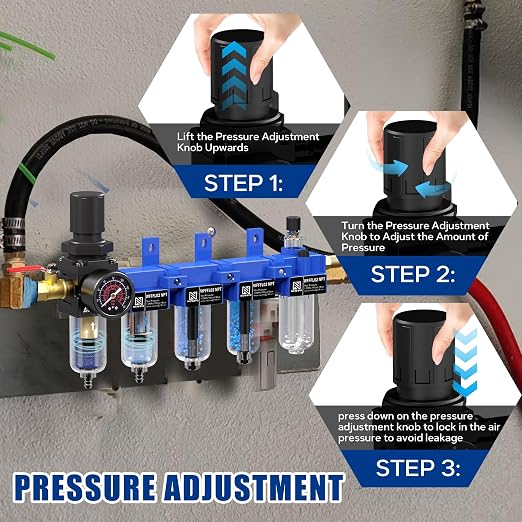 NEWPO 1/4" NPT Air Filter Regulator Lubricator Combo, 5-Stage Compressed Air - Image 5