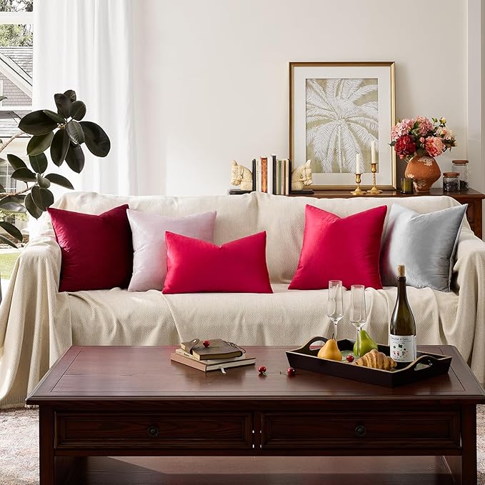 GIGIZAZA Red Velvet Decorative Throw Pillow Covers 18x18 for Sofa Bed 2 Pack Soft Cushion Covers