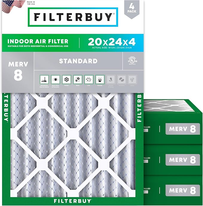 Filterbuy 20x24x4 Air Filter MERV 8 Essential Dust & Allergy Defense, by Filterbuy