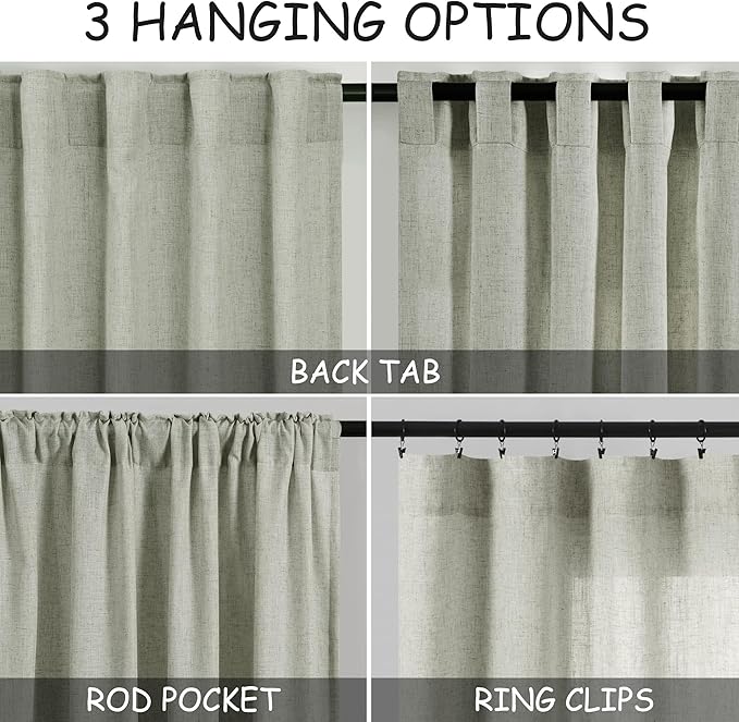 Extra Wide 100 Inch Linen Curtains for Living Room Divider Light Filtering Semi Sheer Back Tab Patio Curtains for Sliding Door Sage Green Coastal Decor Sunroom Floor to Ceiling Window Curtain 100x84